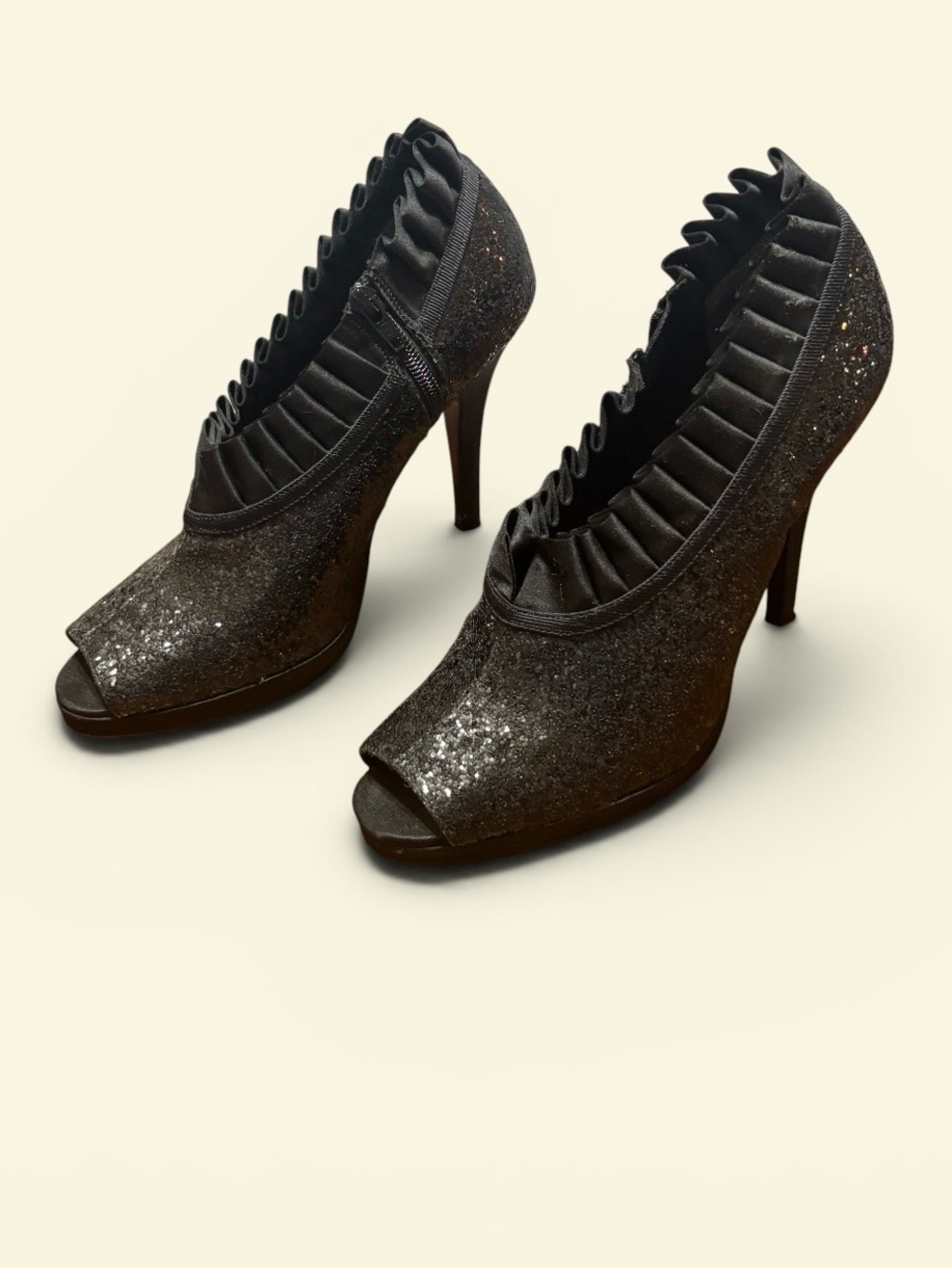 Nina Eveline Black Glitter Peep-Toe Ruffle Stiletto Heels